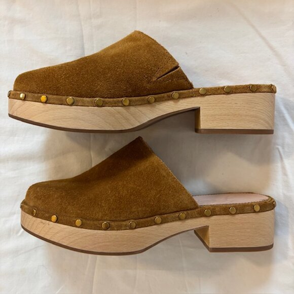 J. Crew Dakota Suede Studded Wooden Platform Clogs in Burnished Pecan Size 6.5 - Picture 9 of 11